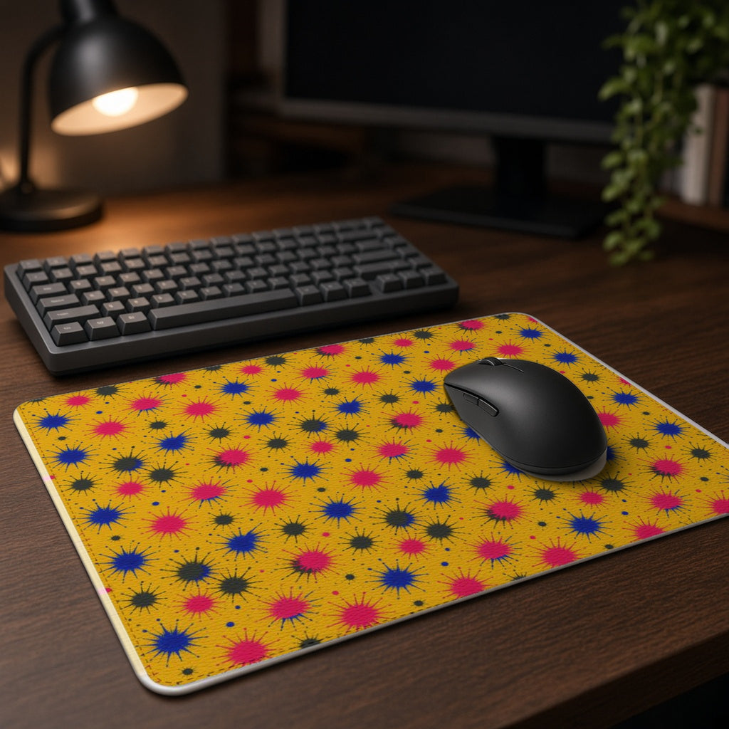 Splash Crowns vegan leather mouse mat on a dark wood desk with keyboard and lamp