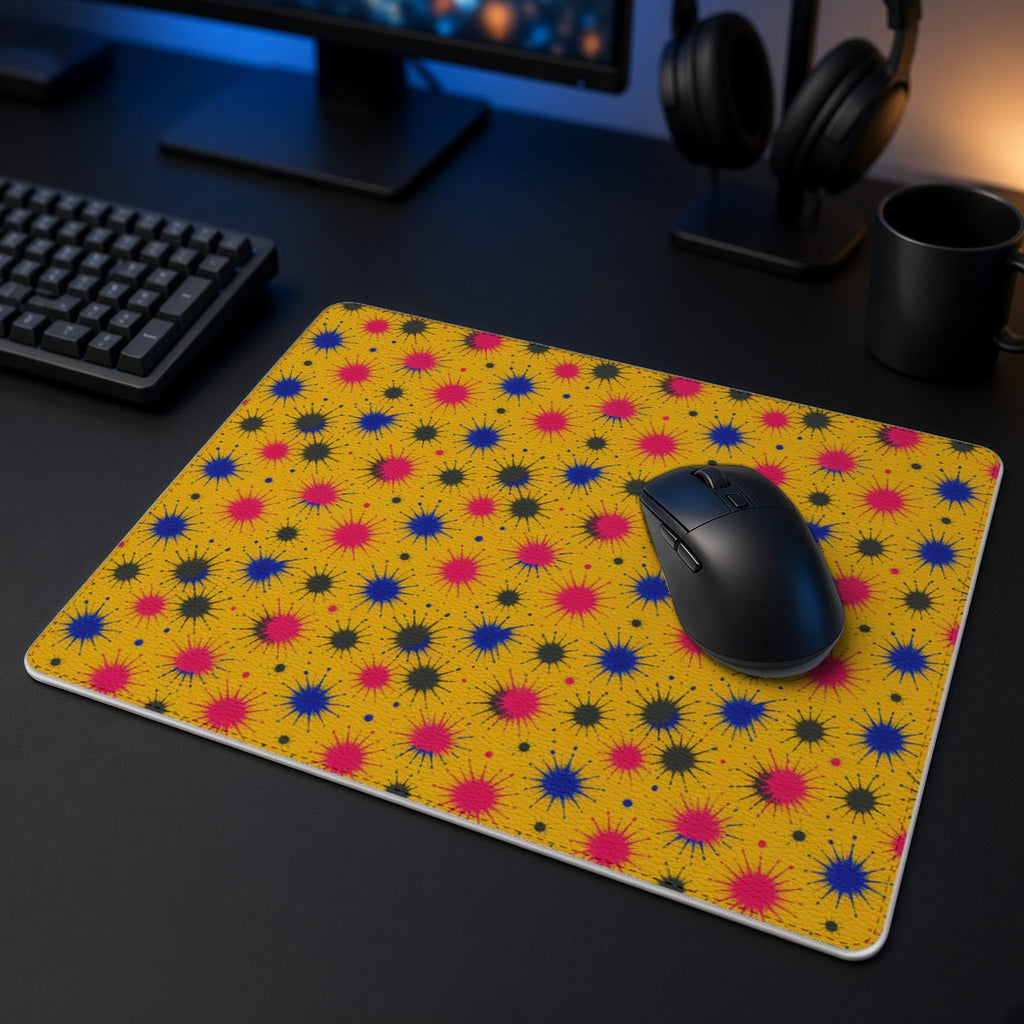 Splash Crowns vegan leather mouse mat in a dark gaming desk setup with headphones