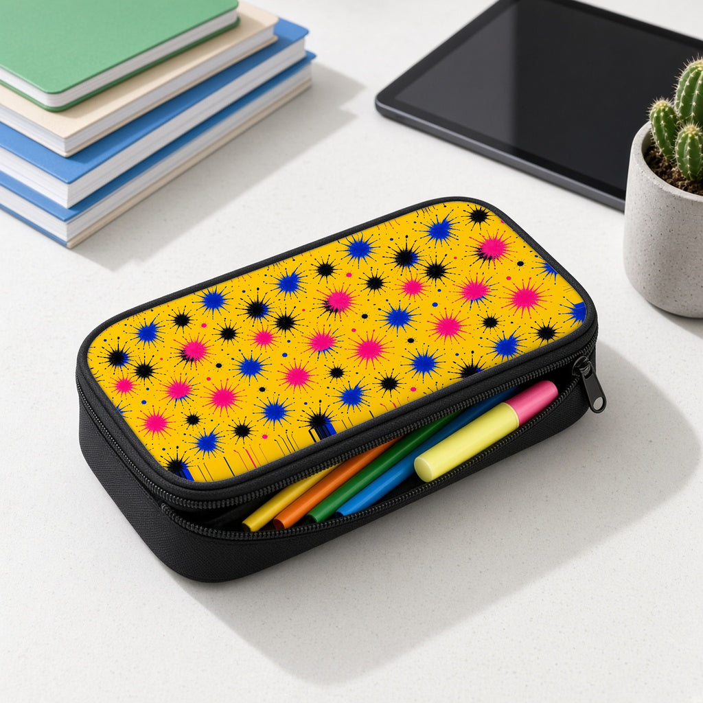 Splash Crowns pencil case open with colourful pens and highlighters on a white desk