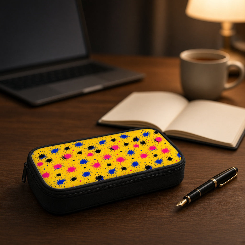 Splash Crowns pencil case on a wooden desk beside an open notebook and fountain pen