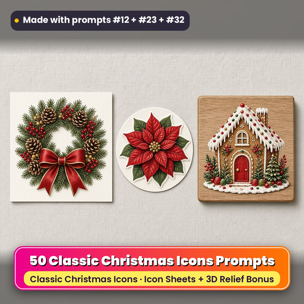 Classic Christmas Icon Sheet Prompts: 50 prompts + 3D Relief bonus, with a printed greeting card, sticker and wooden plaque made with prompts #12, #23 and #32