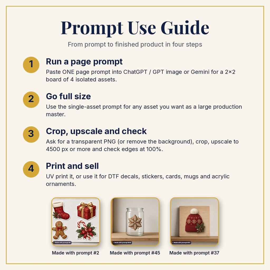 Prompt Use Guide: run a page prompt, go full size, crop and upscale, then print and sell, with products made with prompts #2, #45 and #37
