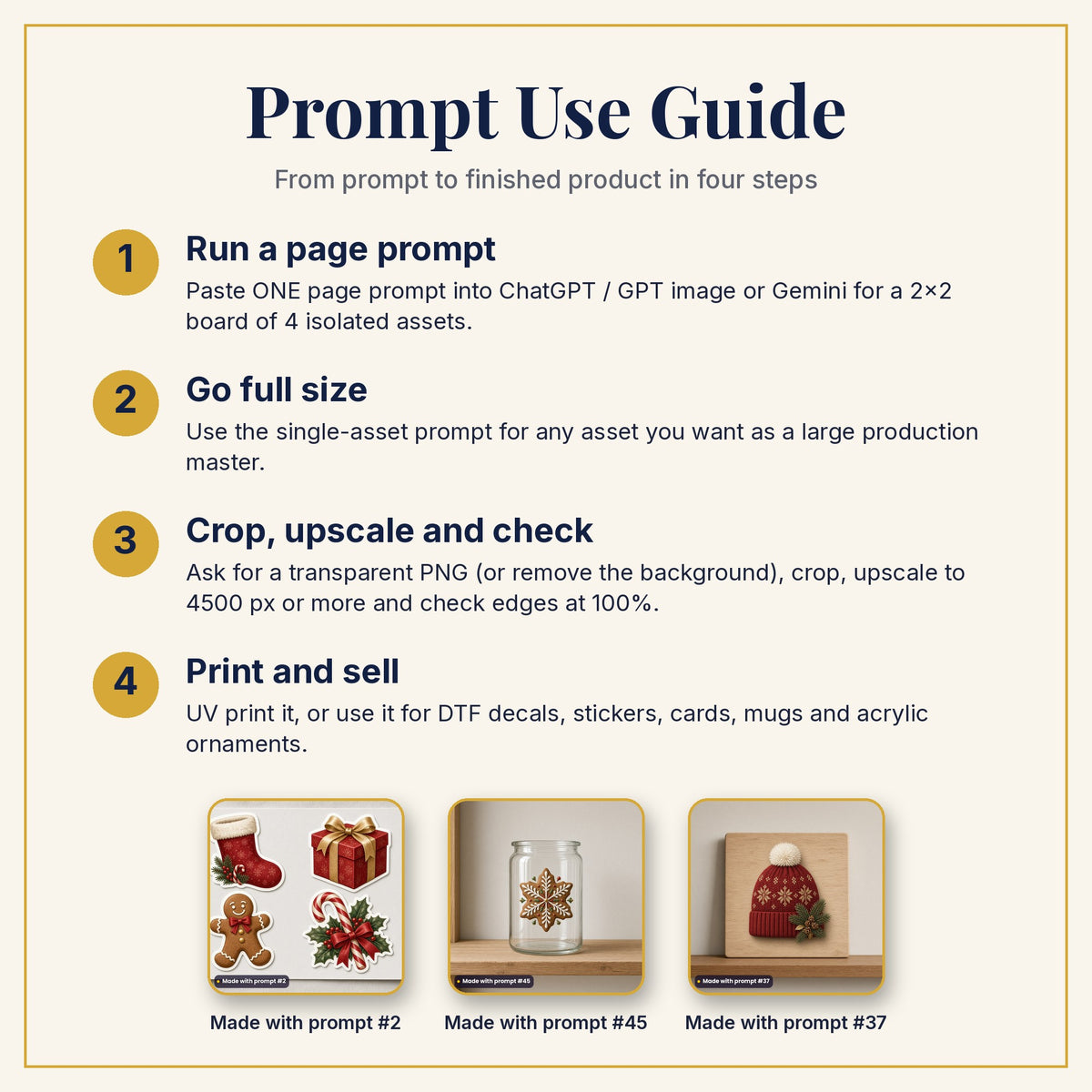 Prompt Use Guide: run a page prompt, go full size, crop and upscale, then print and sell, with products made with prompts #2, #45 and #37