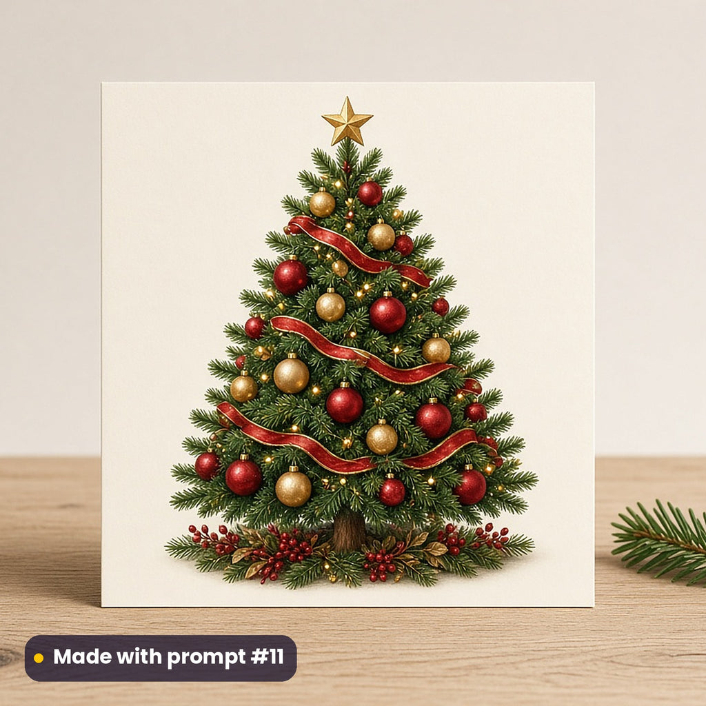 Classic Christmas Icons artwork on a flat-printed greeting card: premium christmas tree, made with prompt #11 from this pack