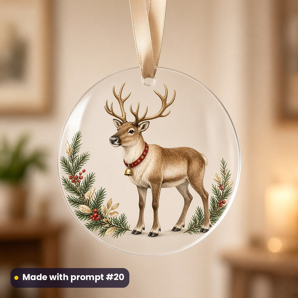Classic Christmas Icons artwork on a UV-printed clear acrylic ornament: elegant reindeer, made with prompt #20 from this pack