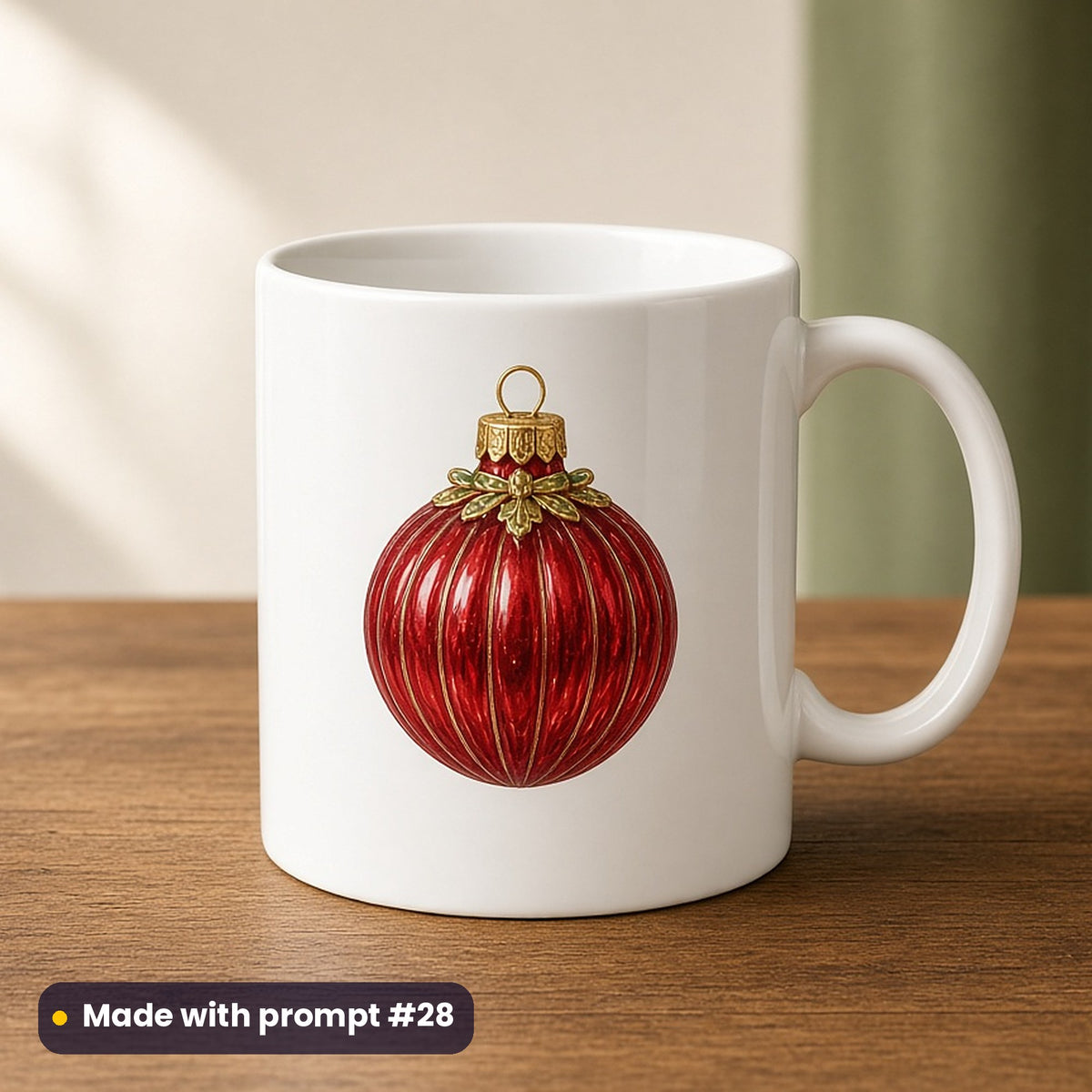 Classic Christmas Icons artwork on a UV-printed ceramic mug: red ribbed bauble, made with prompt #28 from this pack