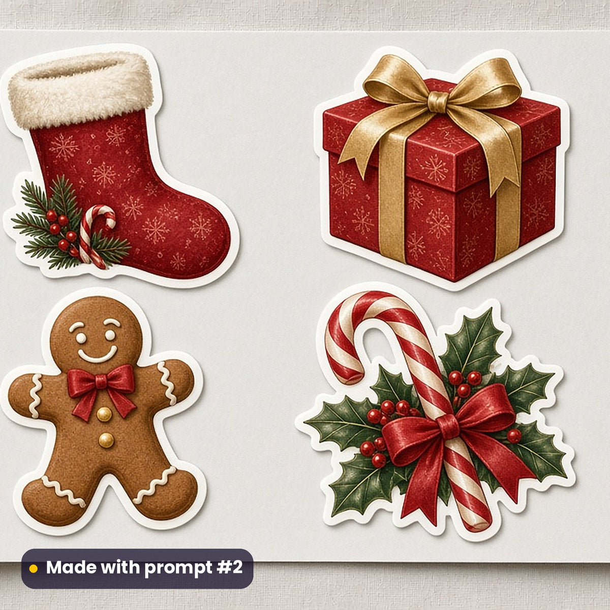 Classic Christmas Icons artwork on a die-cut vinyl sticker sheet: a sheet of four assets from page p02: traditional gifts & sweets, made with prompt #2 from this pack