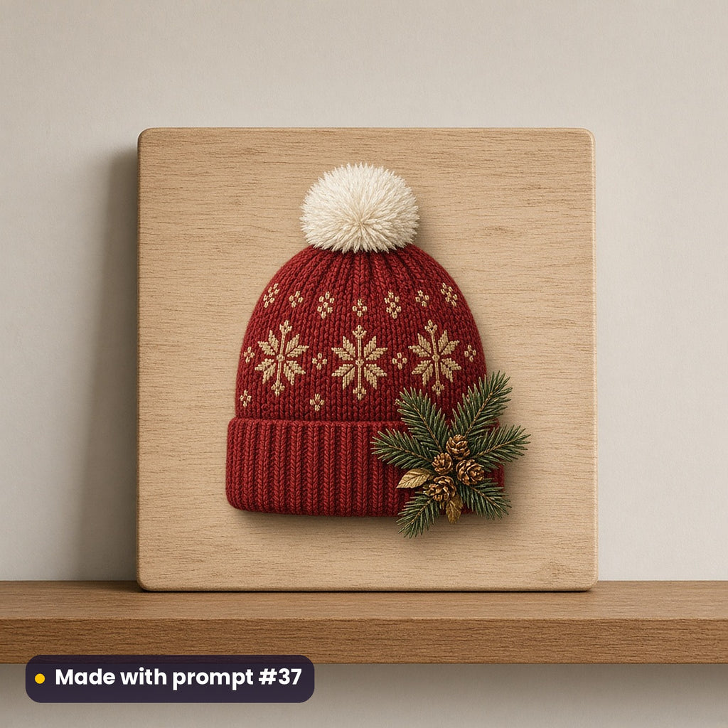 Classic Christmas Icons artwork on a UV-printed wooden plaque: festive winter hat, made with prompt #37 from this pack