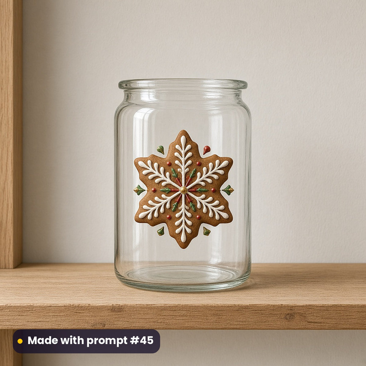 Classic Christmas Icons artwork on a UV DTF decal on a glass jar: gingerbread snowflake cookie, made with prompt #45 from this pack
