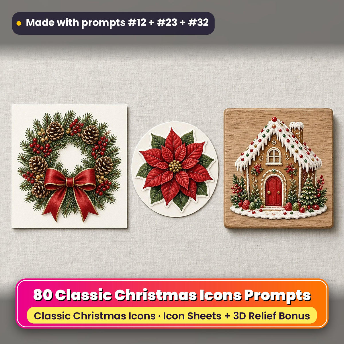 Classic Christmas Icon Sheet Prompts: 80 prompts + 3D Relief bonus, with a printed greeting card, sticker and wooden plaque made with prompts #12, #23 and #32