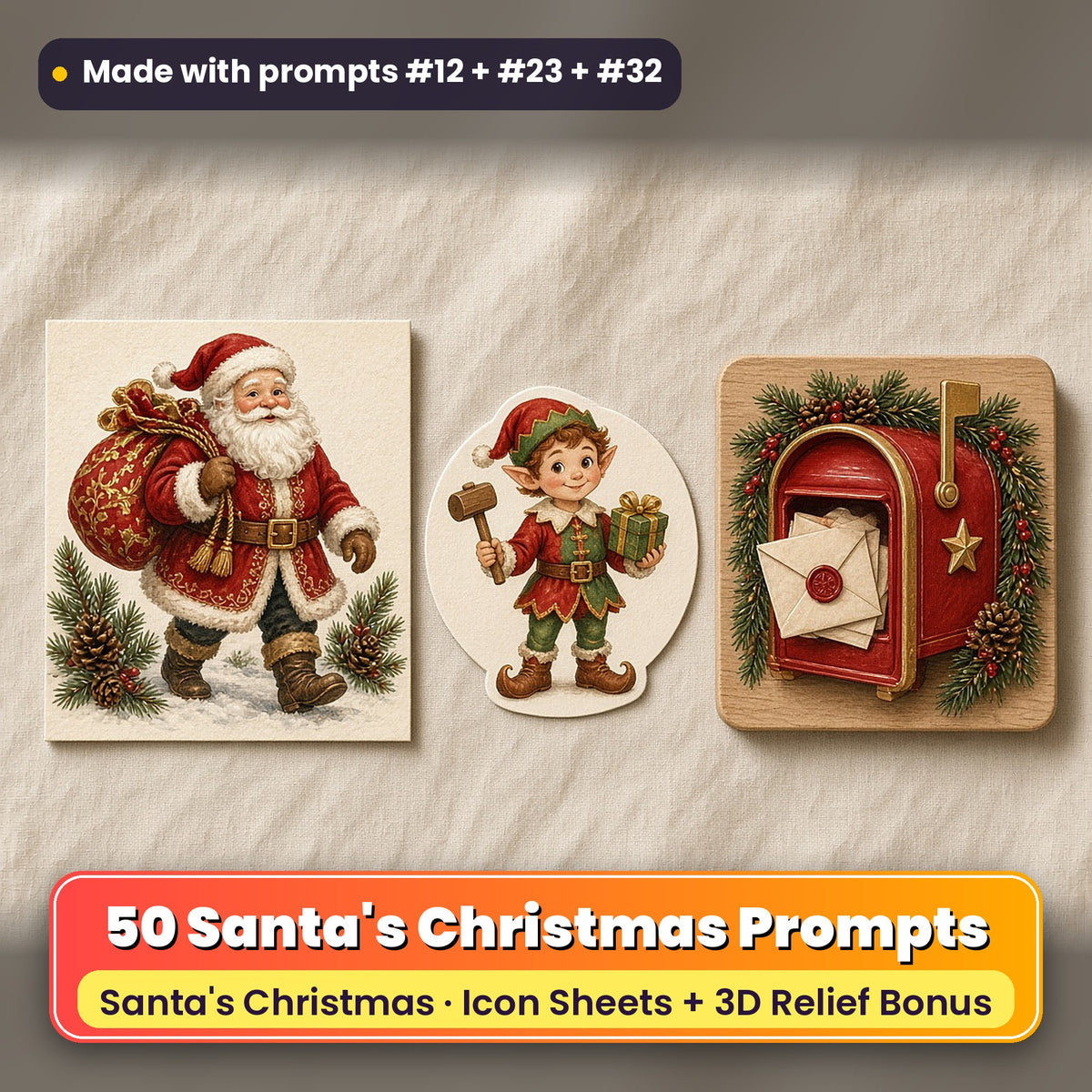 Santa's Christmas Icon Sheet Prompts: 50 prompts + 3D Relief bonus, with a printed greeting card, sticker and wooden plaque made with prompts #12, #23 and #32