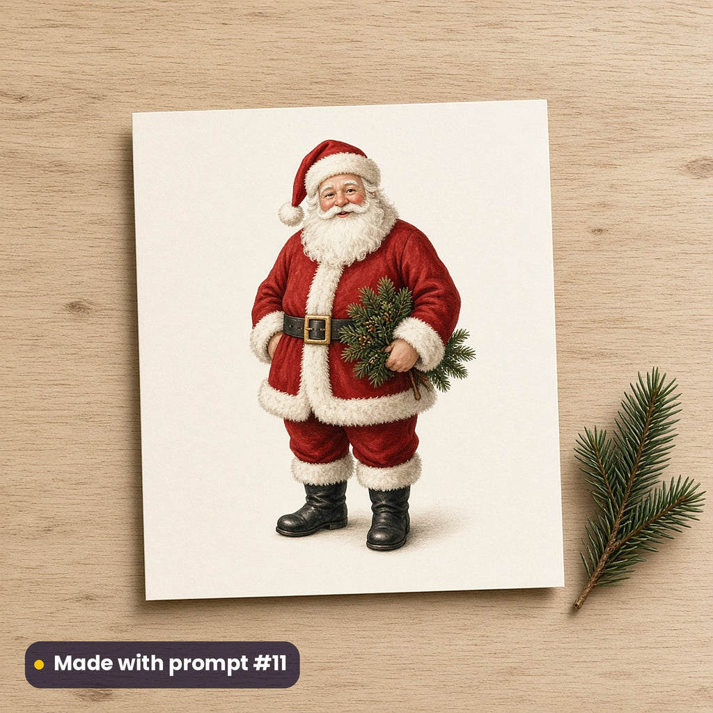 Santa's Christmas artwork on a flat-printed greeting card: classic santa claus, made with prompt #11 from this pack