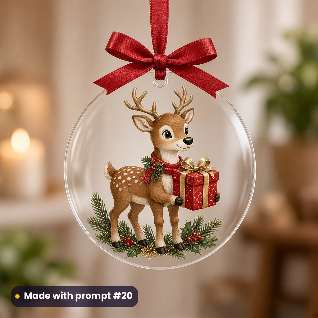 Santa's Christmas artwork on a UV-printed clear acrylic ornament: reindeer with gift, made with prompt #20 from this pack