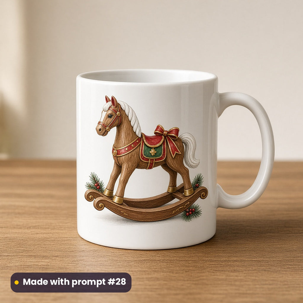 Santa's Christmas artwork on a UV-printed ceramic mug: wooden rocking horse, made with prompt #28 from this pack