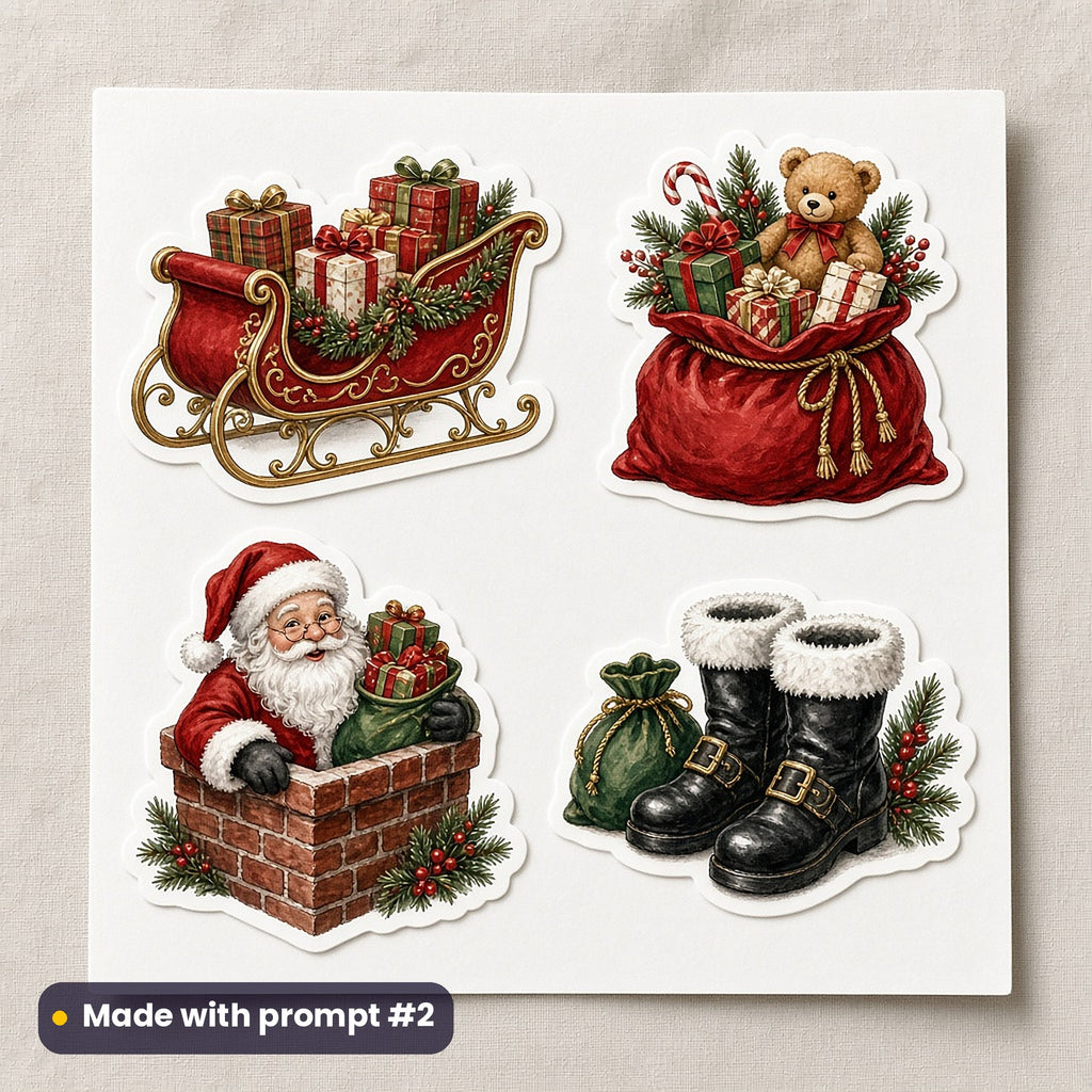 Santa's Christmas artwork on a die-cut vinyl sticker sheet: a sheet of four assets from page p02: santa delivery, made with prompt #2 from this pack
