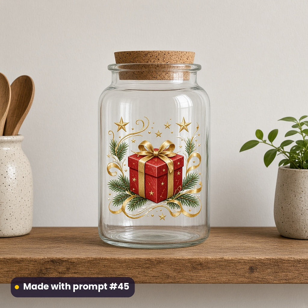 Santa's Christmas artwork on a UV DTF decal on a glass jar: magic gift sparkle, made with prompt #45 from this pack