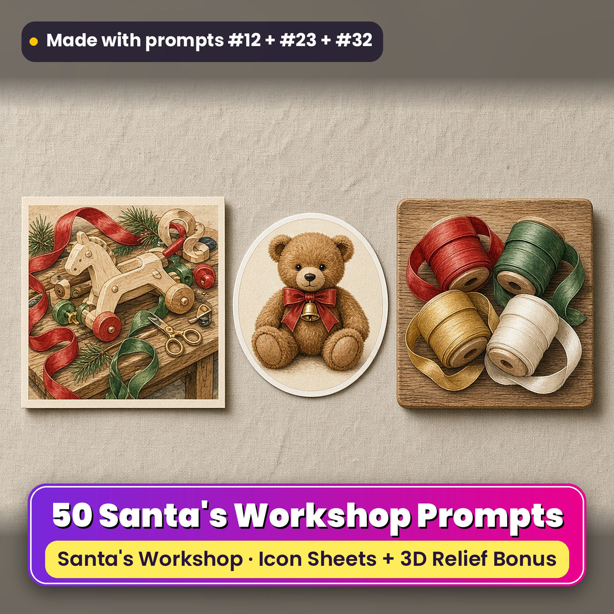 Santa's Workshop Christmas Icon Sheet Prompts: 50 prompts + 3D Relief bonus, with a printed greeting card, sticker and wooden plaque made with prompts #12, #23 and #32