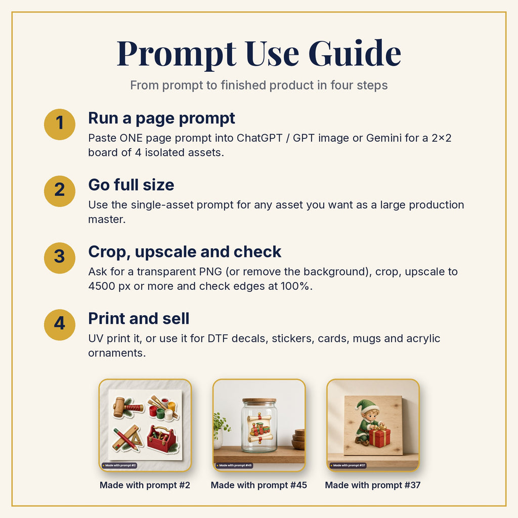 Prompt Use Guide: run a page prompt, go full size, crop and upscale, then print and sell, with products made with prompts #2, #45 and #37