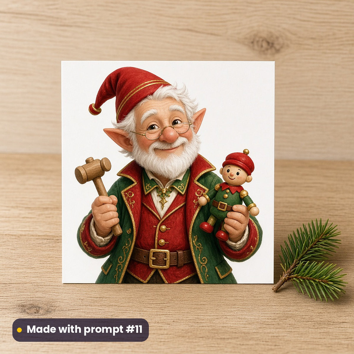 Santa's Workshop artwork on a flat-printed greeting card: master toymaker elf, made with prompt #11 from this pack