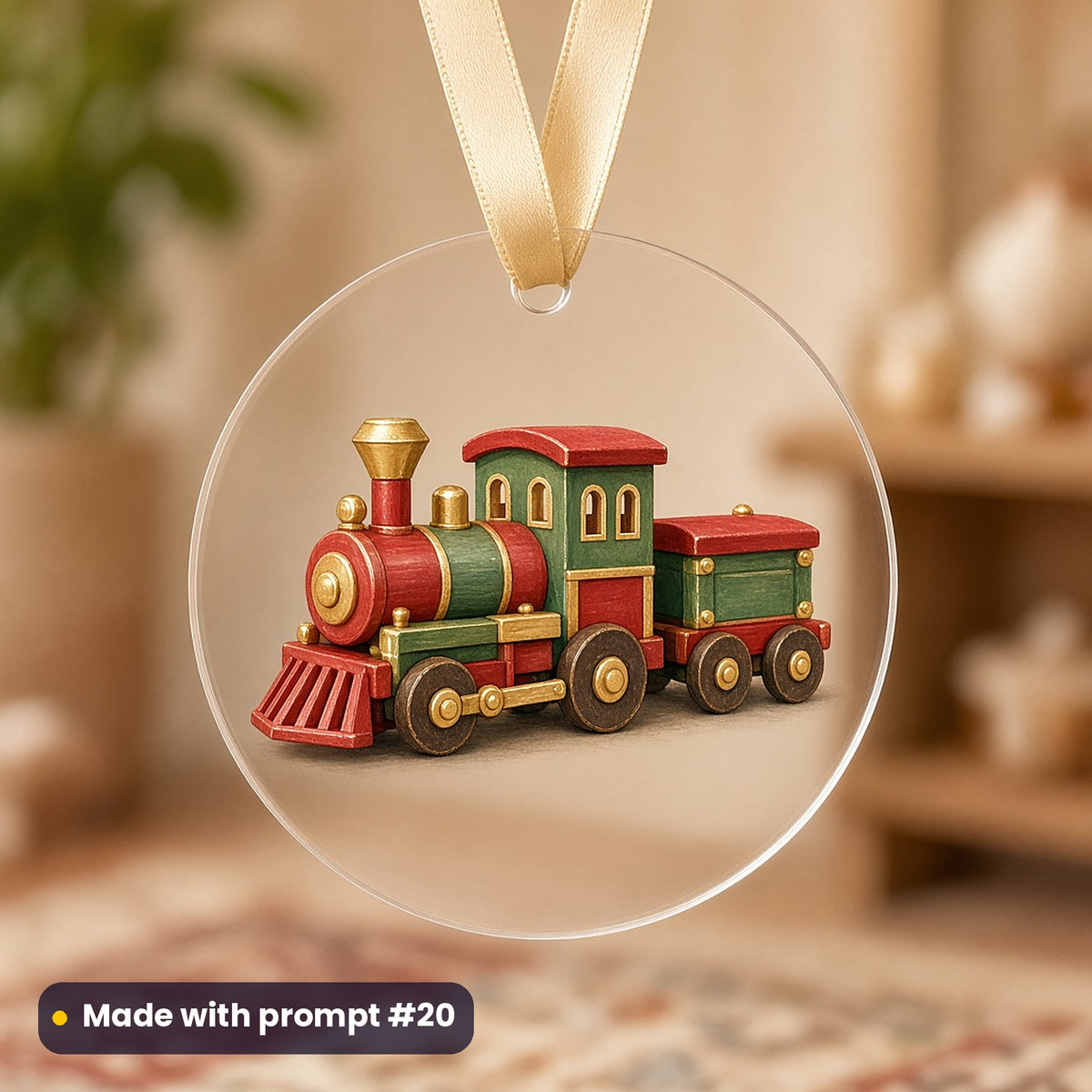 Santa's Workshop artwork on a UV-printed clear acrylic ornament: wooden toy train, made with prompt #20 from this pack