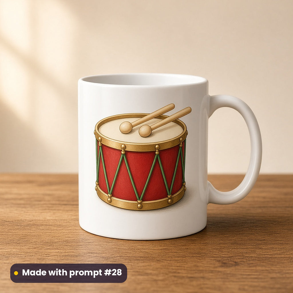 Santa's Workshop artwork on a UV-printed ceramic mug: toy drum, made with prompt #28 from this pack