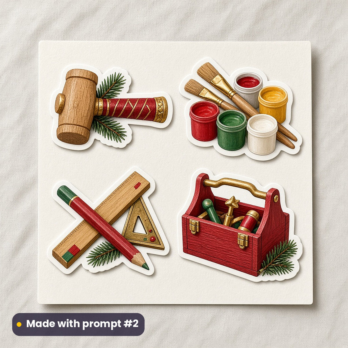 Santa's Workshop artwork on a die-cut vinyl sticker sheet: a sheet of four assets from page p02: toymaking tools, made with prompt #2 from this pack