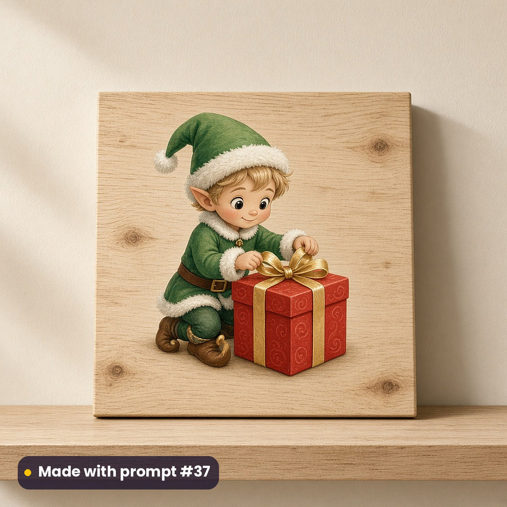 Santa's Workshop artwork on a UV-printed wooden plaque: wrapping elf, made with prompt #37 from this pack