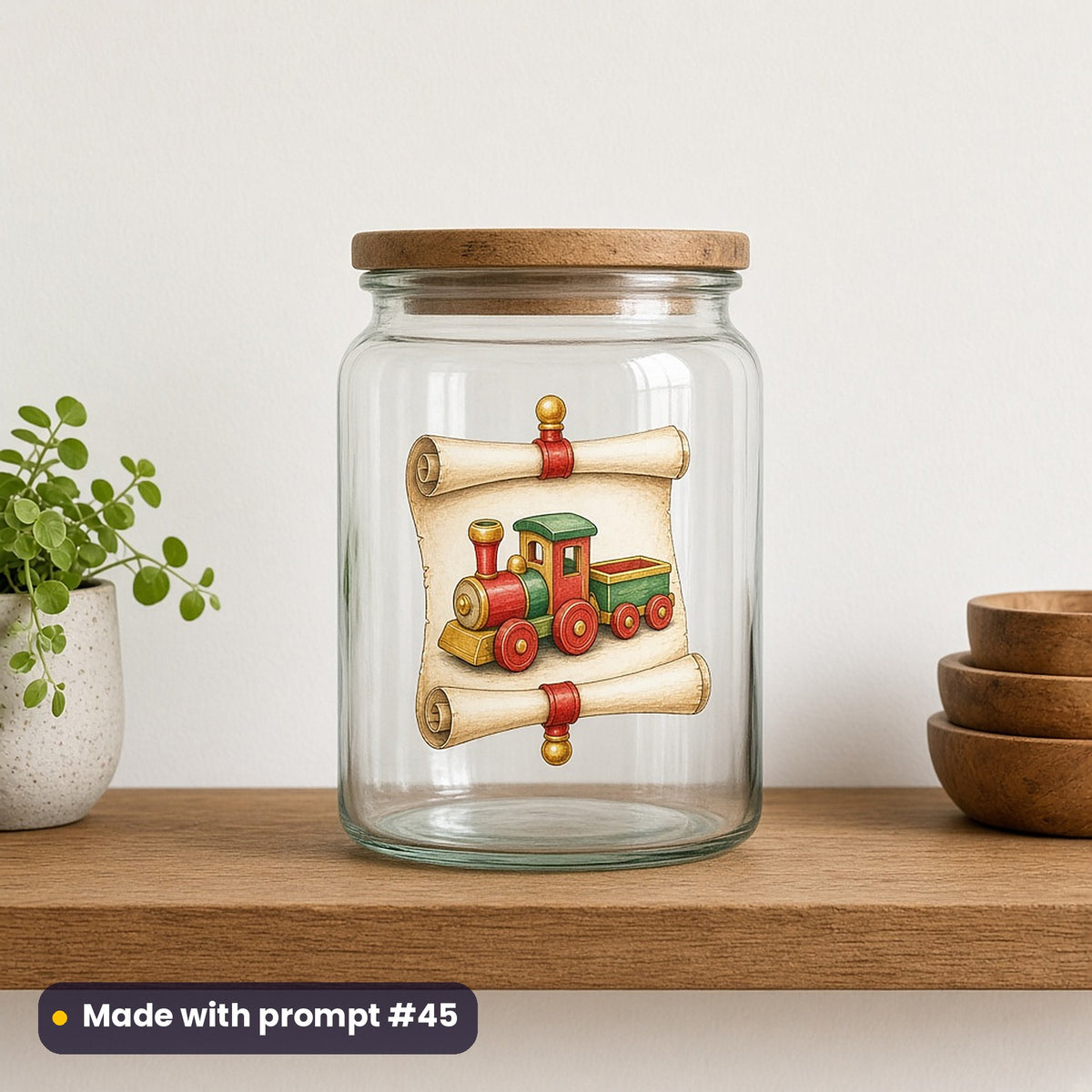 Santa's Workshop artwork on a UV DTF decal on a glass jar: toy blueprint roll, made with prompt #45 from this pack