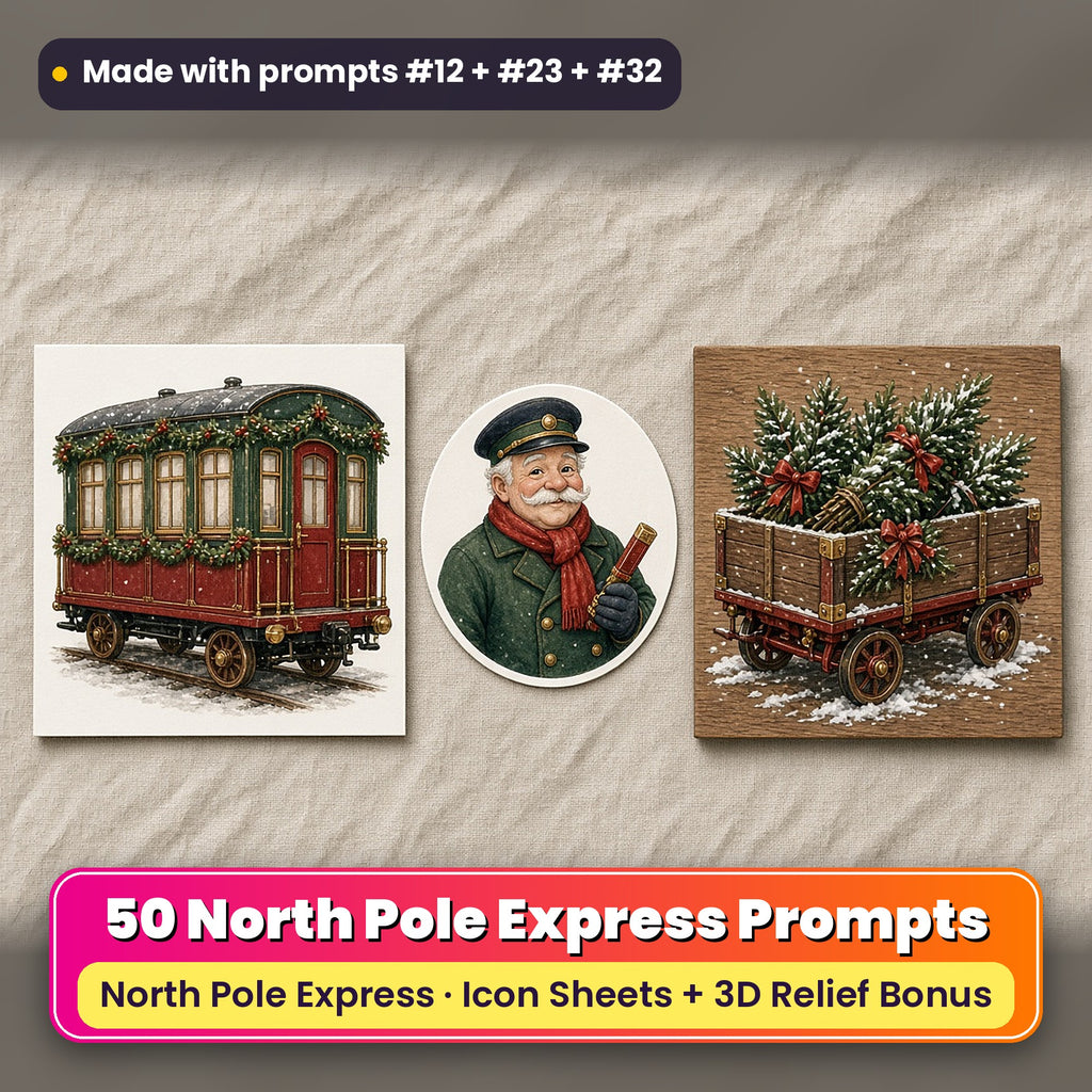 North Pole Express Christmas Icon Sheet Prompts: 50 prompts + 3D Relief bonus, with a printed greeting card, sticker and wooden plaque made with prompts #12, #23 and #32