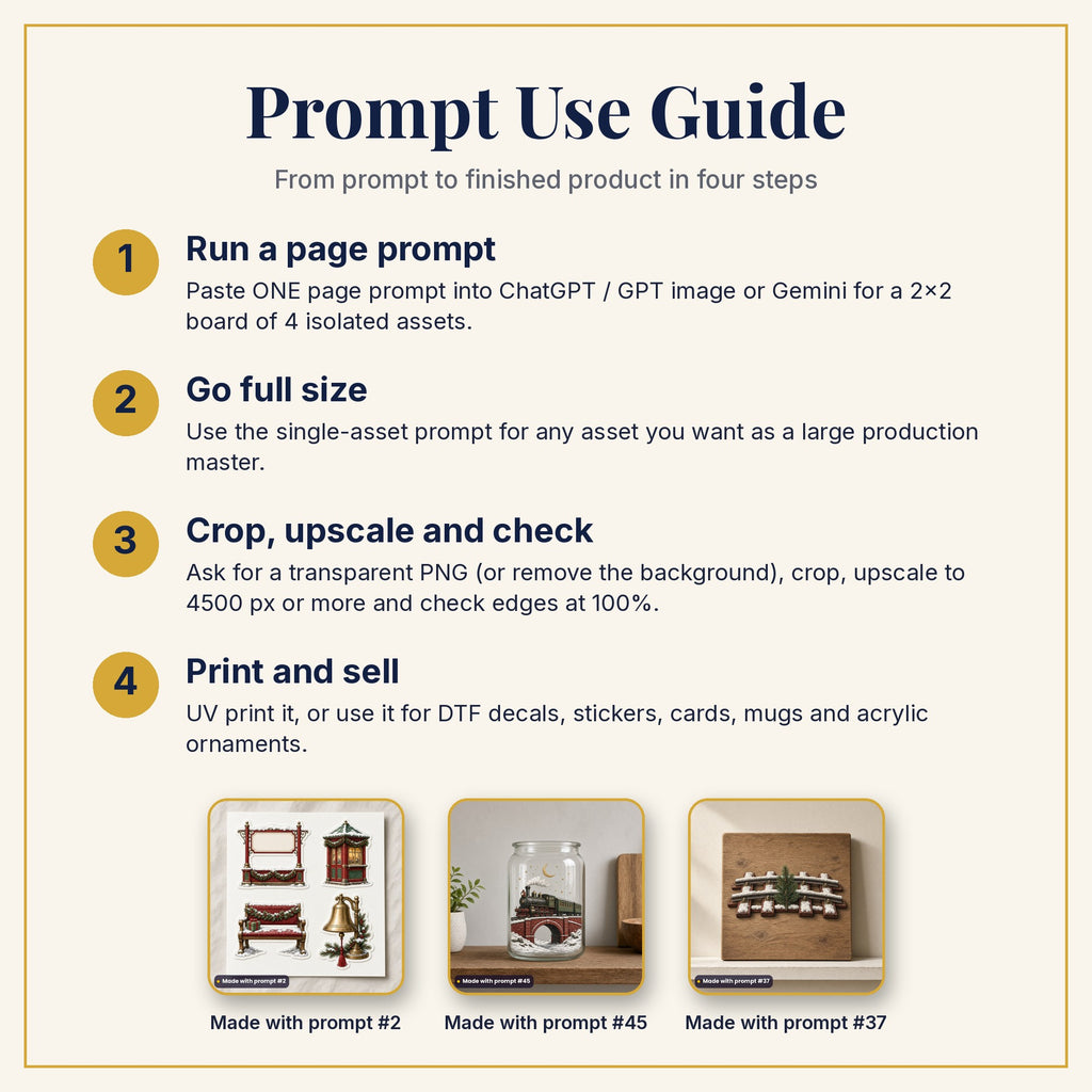 Prompt Use Guide: run a page prompt, go full size, crop and upscale, then print and sell, with products made with prompts #2, #45 and #37