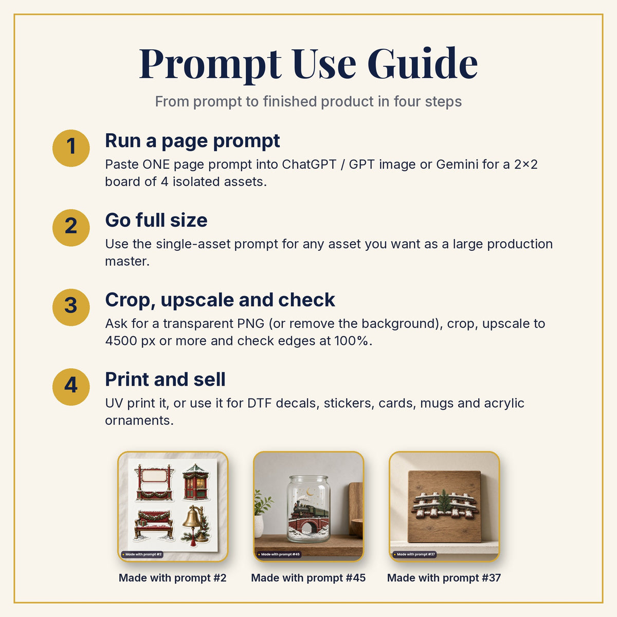 Prompt Use Guide: run a page prompt, go full size, crop and upscale, then print and sell, with products made with prompts #2, #45 and #37