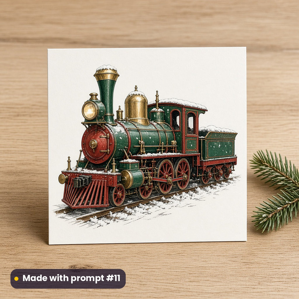 North Pole Express artwork on a flat-printed greeting card: north pole express locomotive, made with prompt #11 from this pack