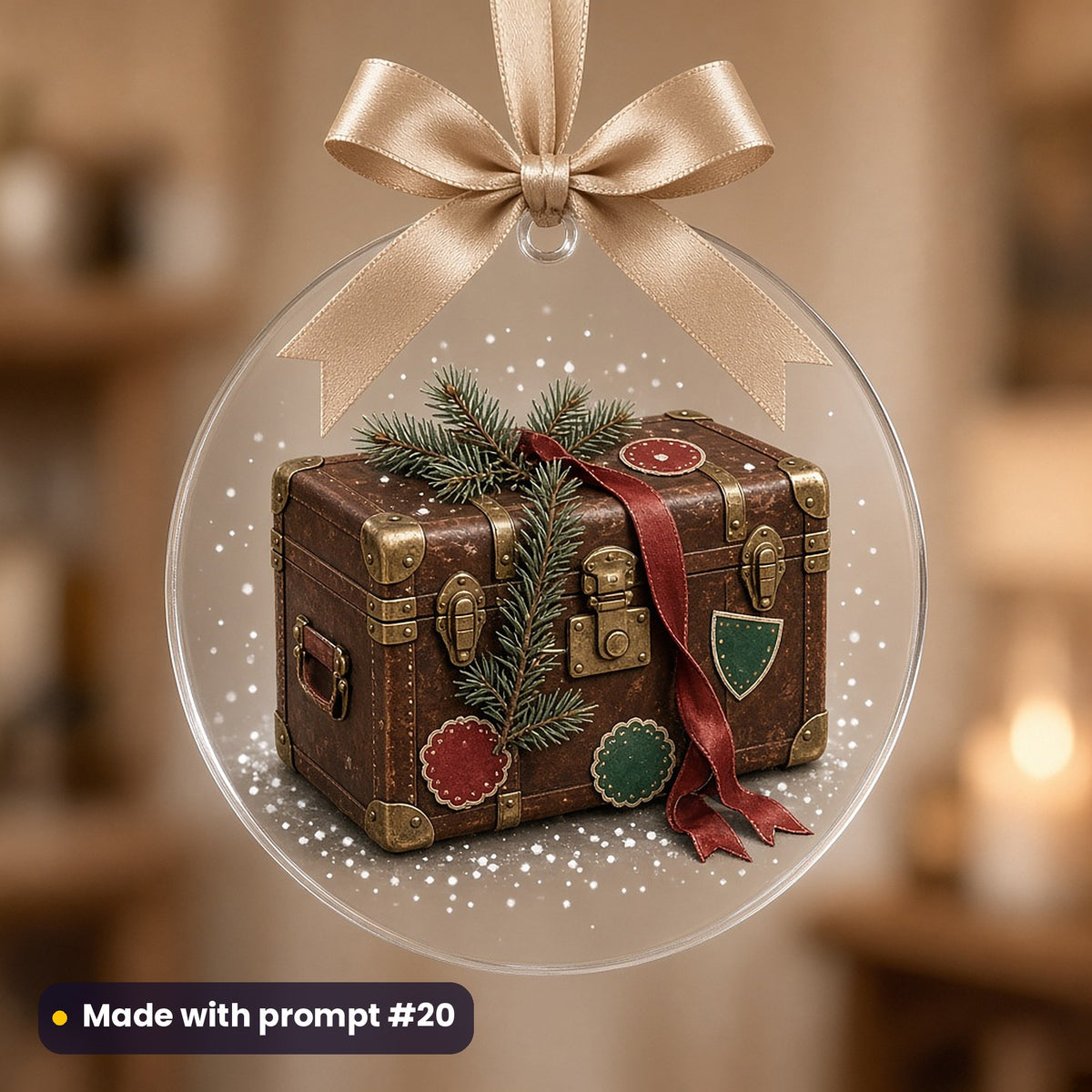 North Pole Express artwork on a UV-printed clear acrylic ornament: leather travel trunk, made with prompt #20 from this pack