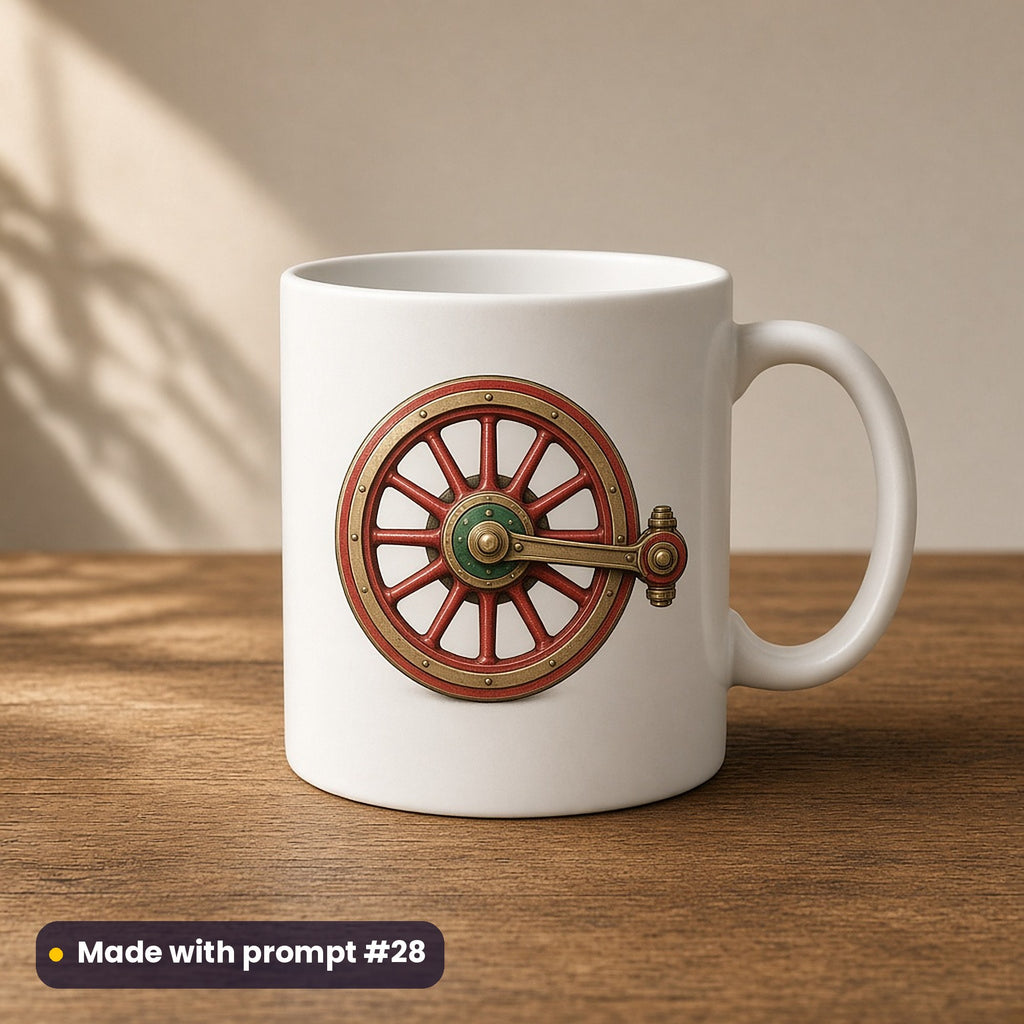 North Pole Express artwork on a UV-printed ceramic mug: locomotive wheel, made with prompt #28 from this pack