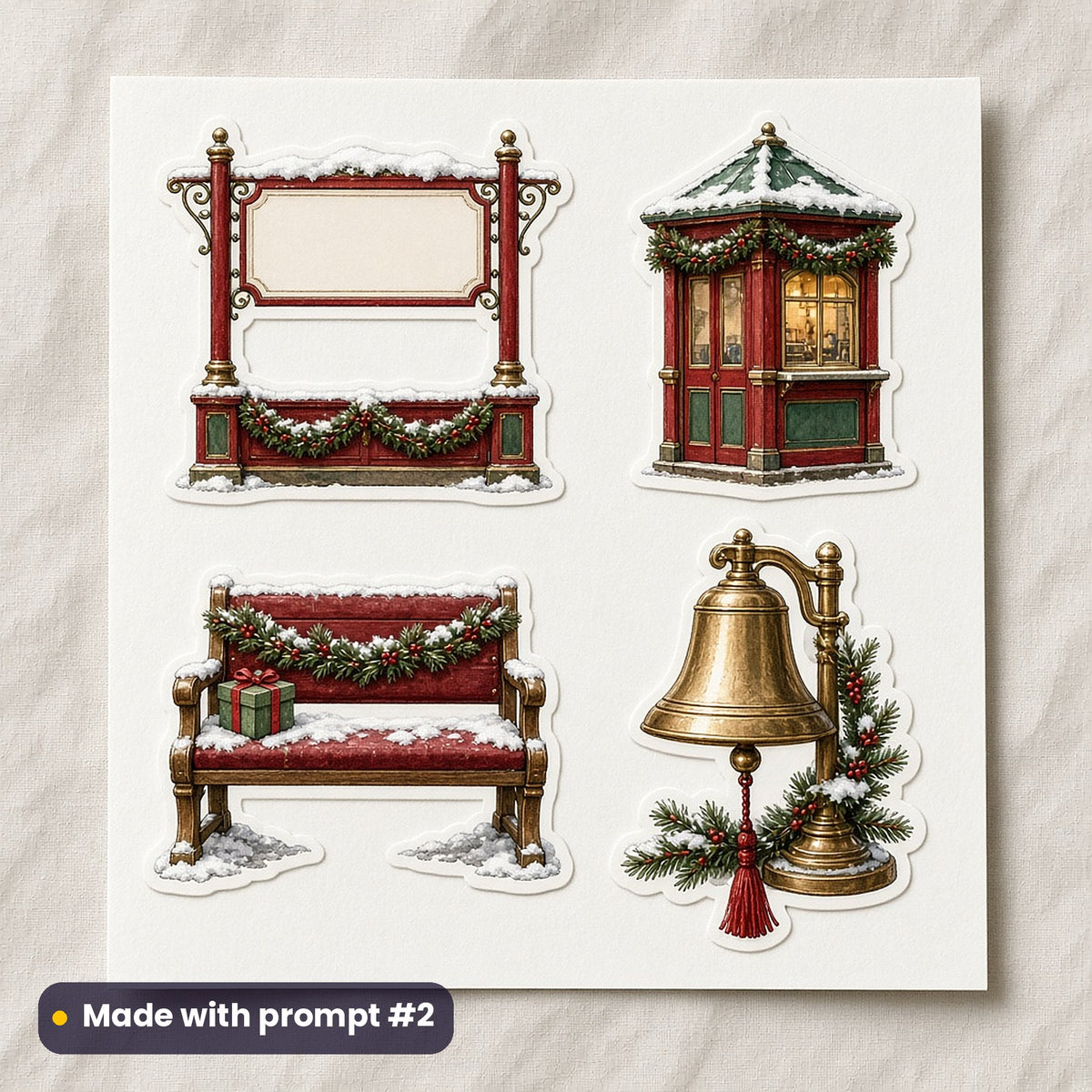 North Pole Express artwork on a die-cut vinyl sticker sheet: a sheet of four assets from page p02: station essentials, made with prompt #2 from this pack