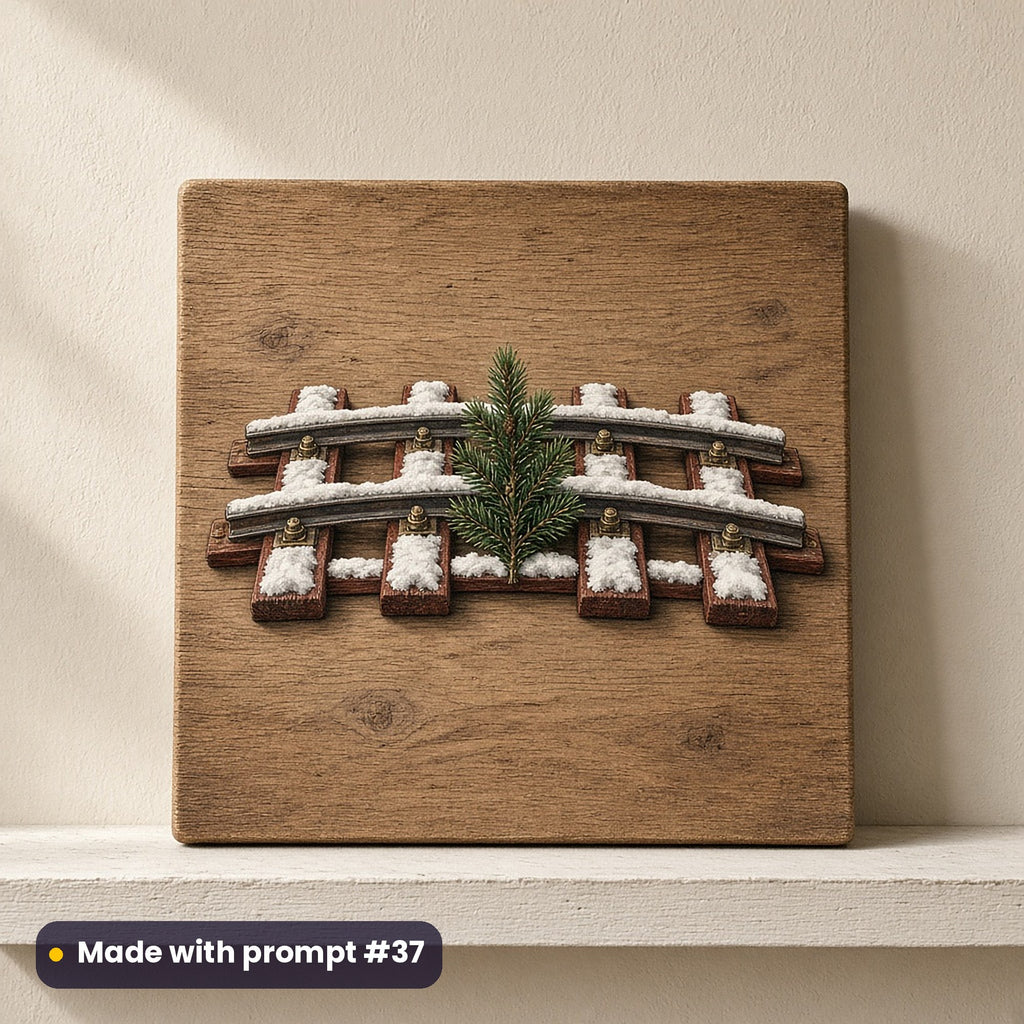 North Pole Express artwork on a UV-printed wooden plaque: snow-capped rail section, made with prompt #37 from this pack