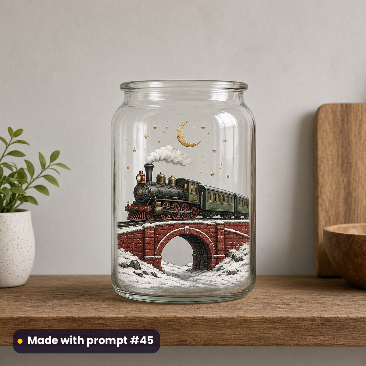 North Pole Express artwork on a UV DTF decal on a glass jar: moonlit train silhouette, made with prompt #45 from this pack