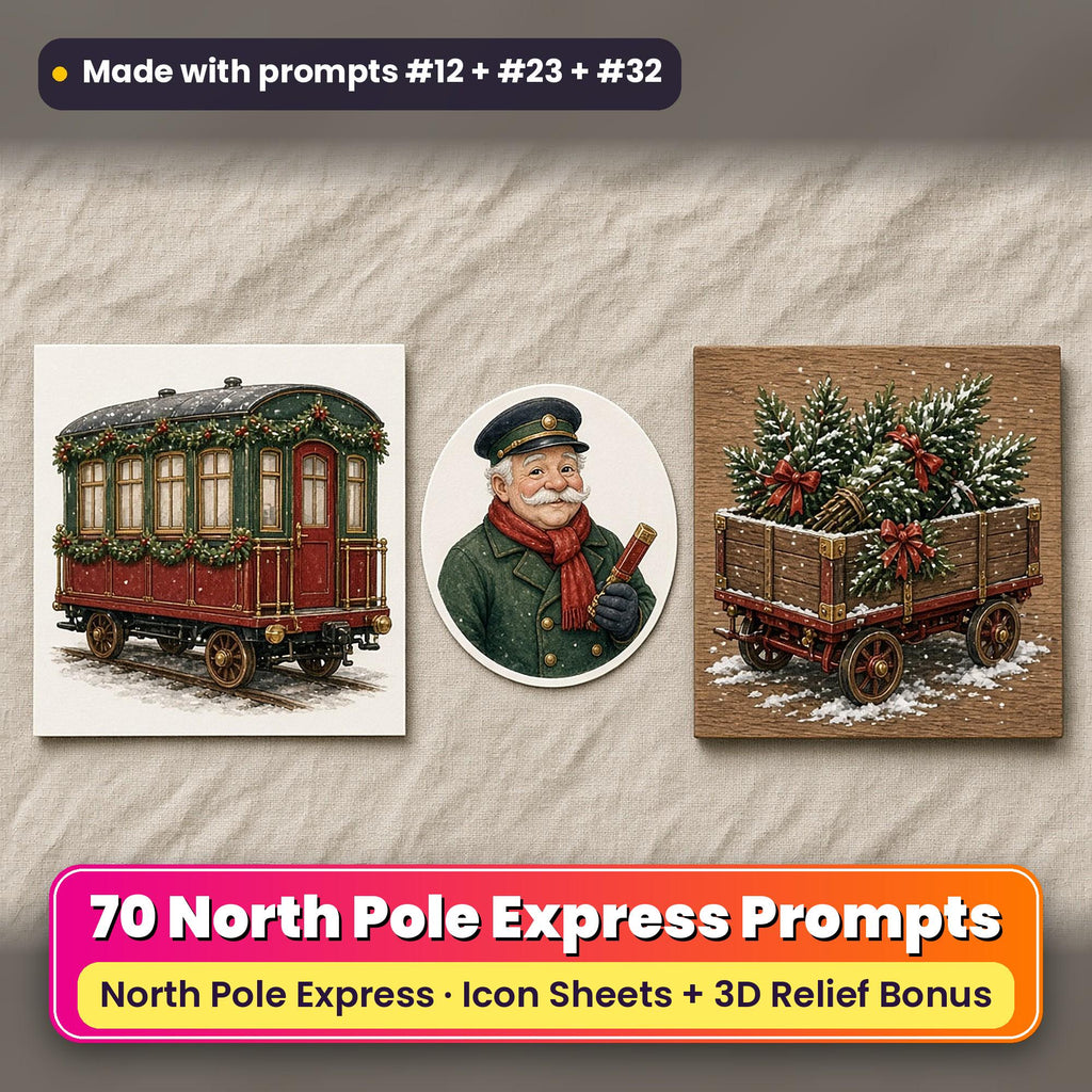 North Pole Express Christmas Icon Sheet Prompts: 70 prompts + 3D Relief bonus, with a printed greeting card, sticker and wooden plaque made with prompts #12, #23 and #32