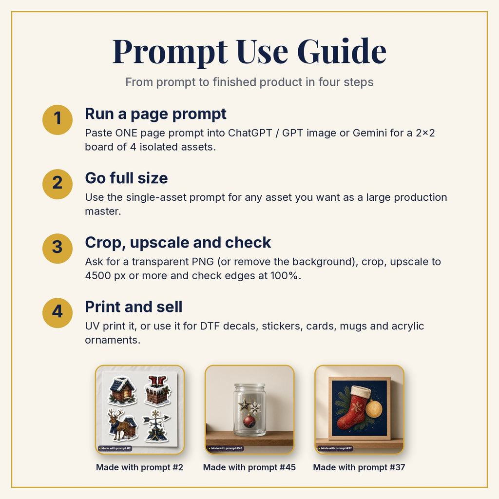 Prompt Use Guide: run a page prompt, go full size, crop and upscale, then print and sell, with products made with prompts #2, #45 and #37