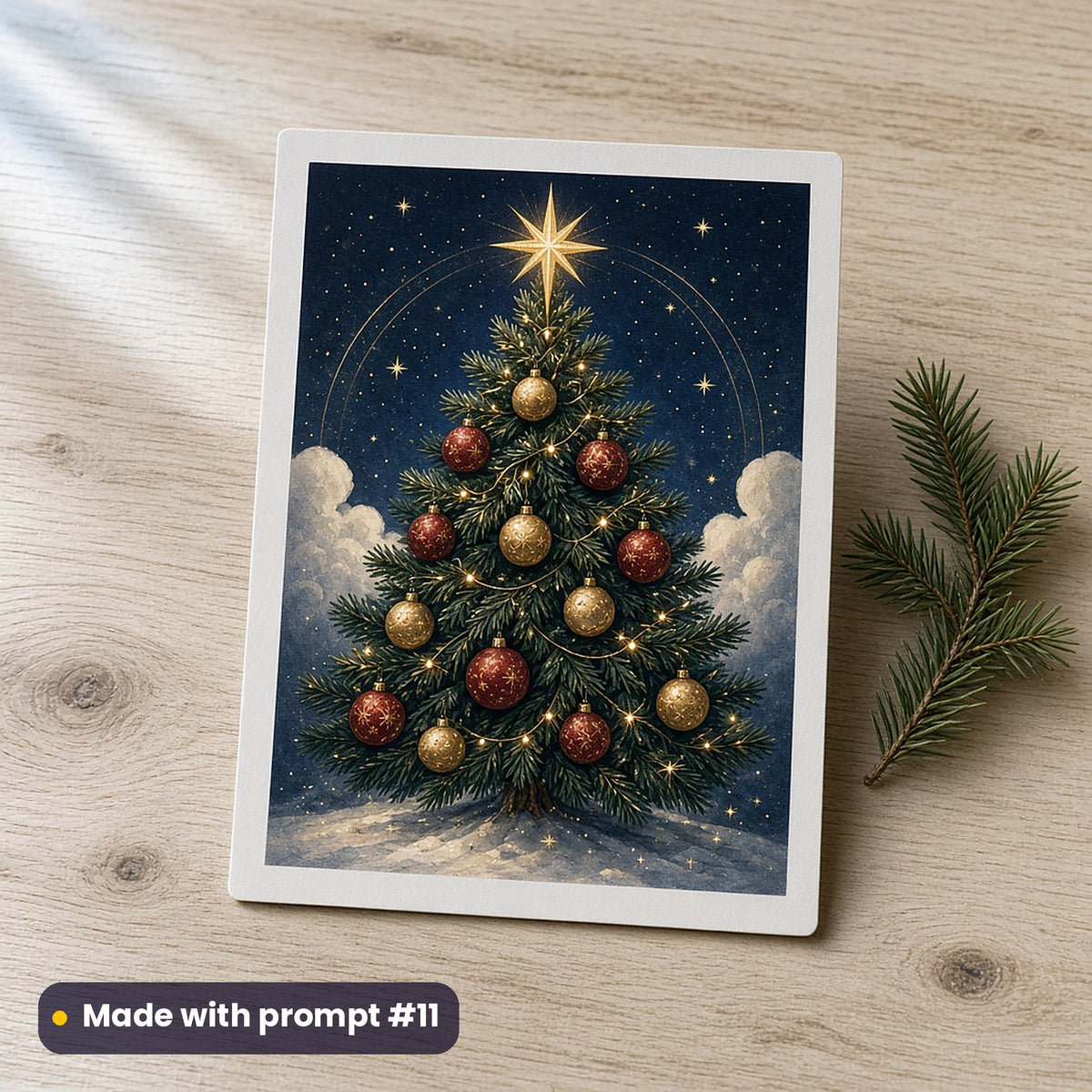Christmas Eve Magic artwork on a flat-printed greeting card: moonlit christmas tree, made with prompt #11 from this pack