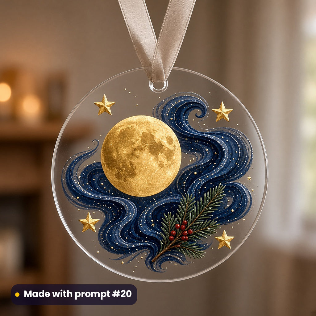 Christmas Eve Magic artwork on a UV-printed clear acrylic ornament: moon and stars cluster, made with prompt #20 from this pack