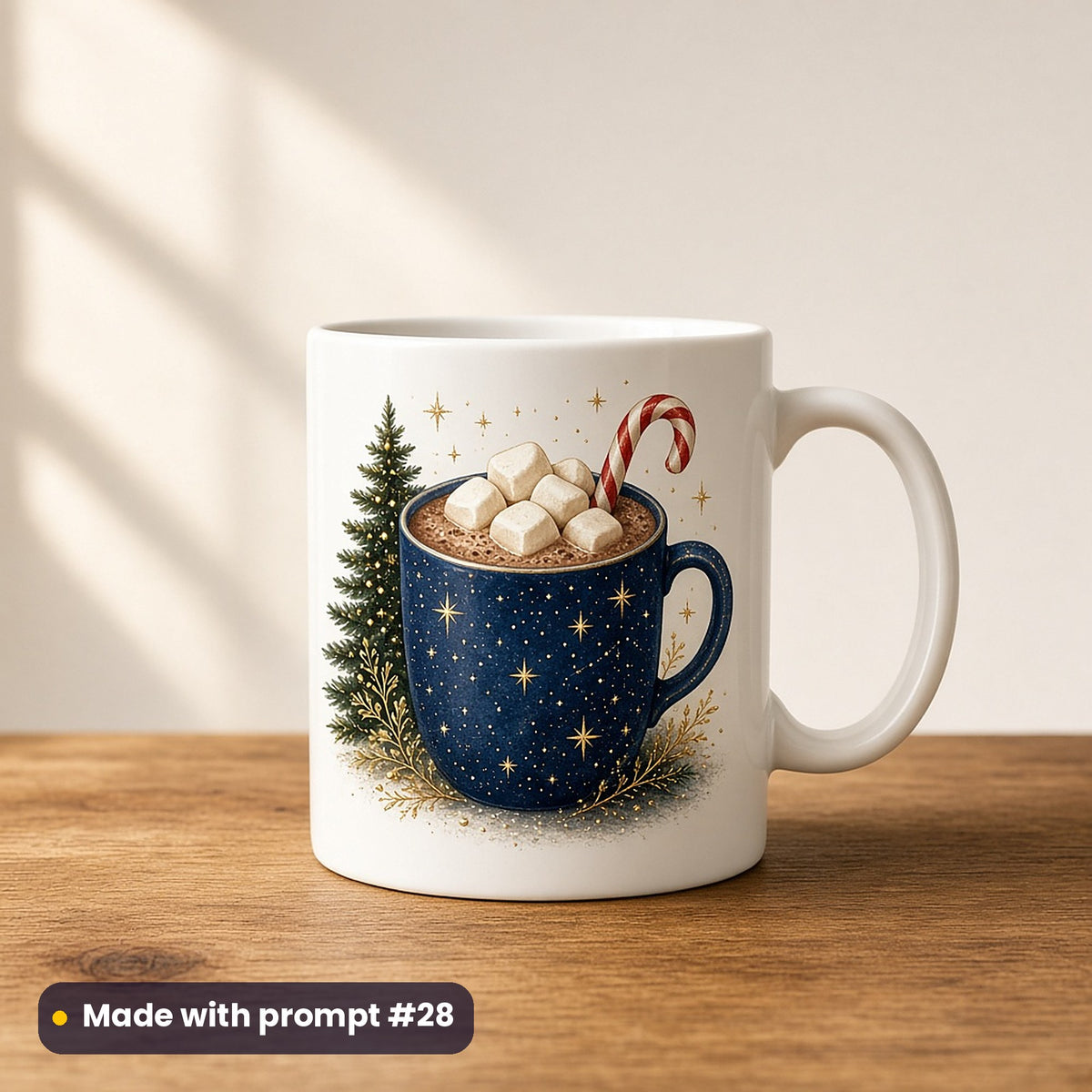 Christmas Eve Magic artwork on a UV-printed ceramic mug: hot cocoa night mug, made with prompt #28 from this pack