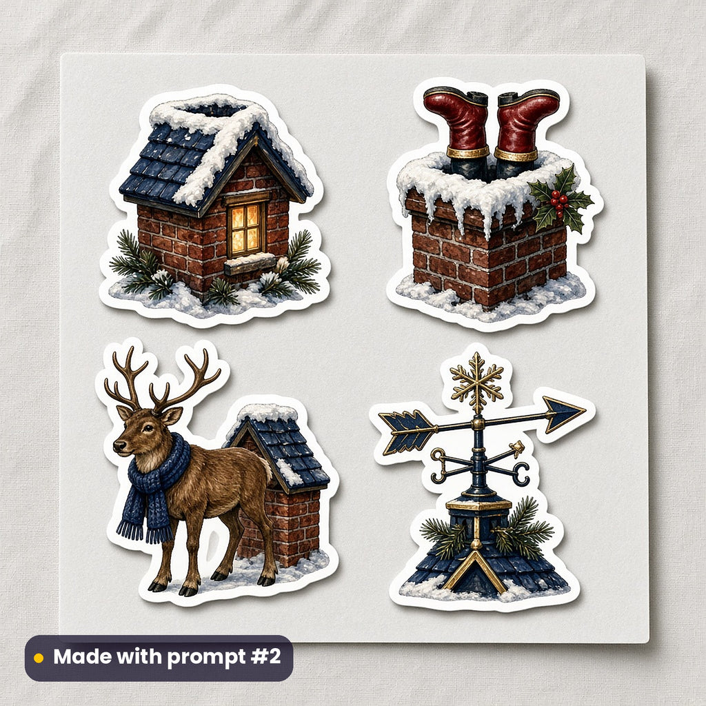 Christmas Eve Magic artwork on a die-cut vinyl sticker sheet: a sheet of four assets from page p02: rooftop magic, made with prompt #2 from this pack