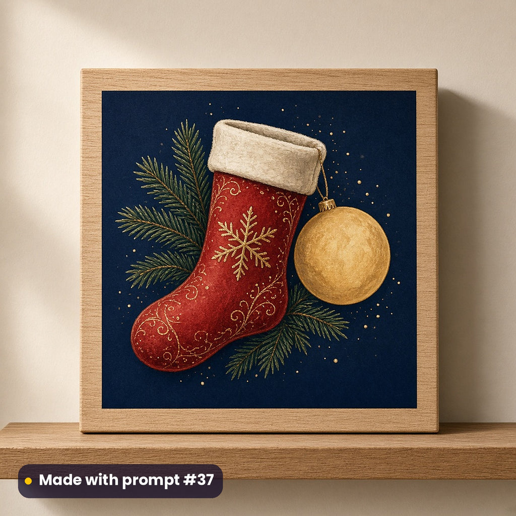 Christmas Eve Magic artwork on a UV-printed wooden plaque: christmas stocking by moon, made with prompt #37 from this pack