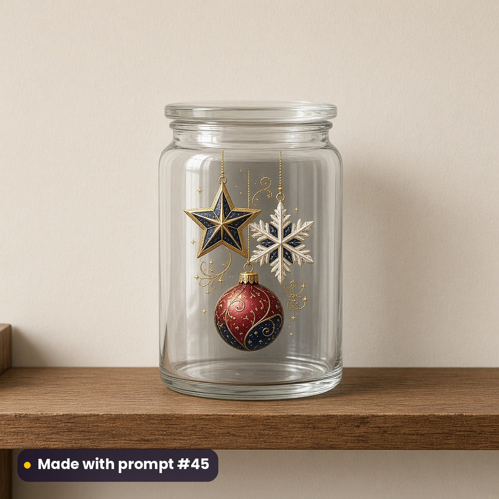 Christmas Eve Magic artwork on a UV DTF decal on a glass jar: star ornament cluster, made with prompt #45 from this pack