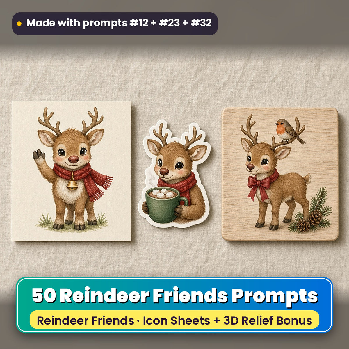 Reindeer Friends Christmas Icon Sheet Prompts: 50 prompts + 3D Relief bonus, with a printed greeting card, sticker and wooden plaque made with prompts #12, #23 and #32
