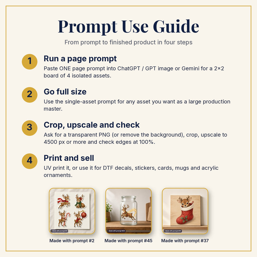 Prompt Use Guide: run a page prompt, go full size, crop and upscale, then print and sell, with products made with prompts #2, #45 and #37