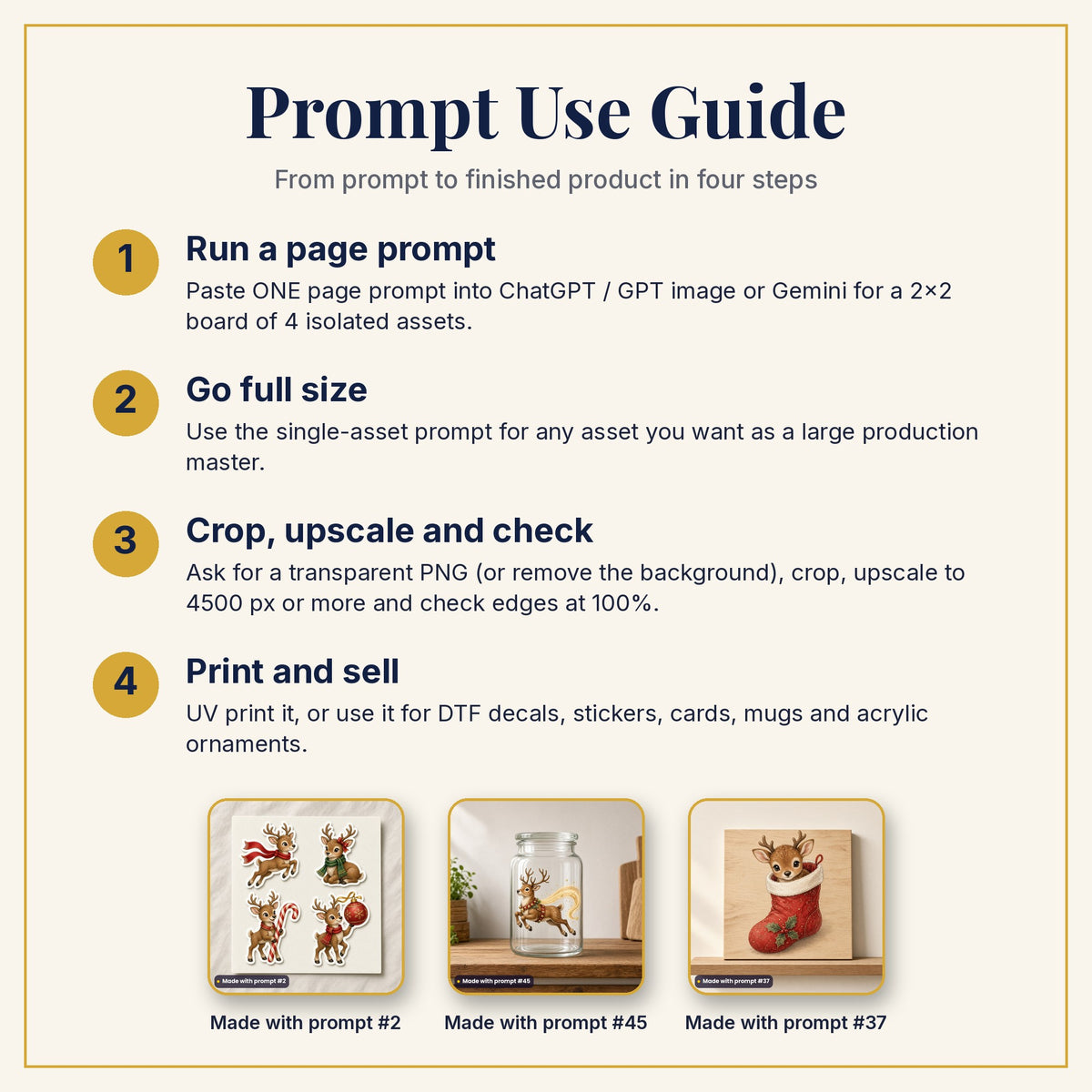 Prompt Use Guide: run a page prompt, go full size, crop and upscale, then print and sell, with products made with prompts #2, #45 and #37