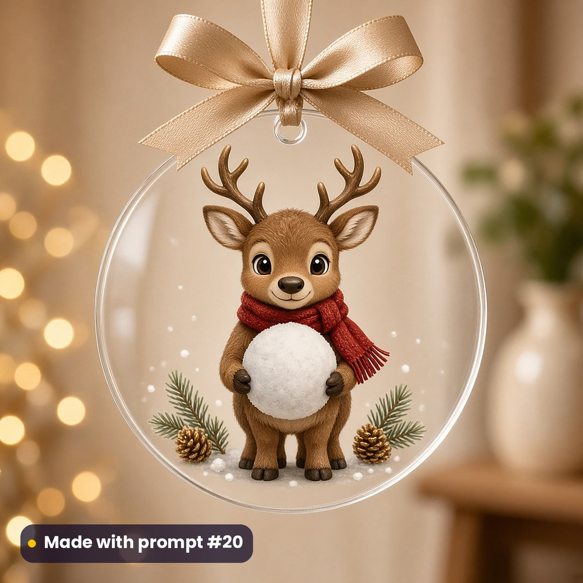 Reindeer Friends artwork on a UV-printed clear acrylic ornament: reindeer with snowball, made with prompt #20 from this pack