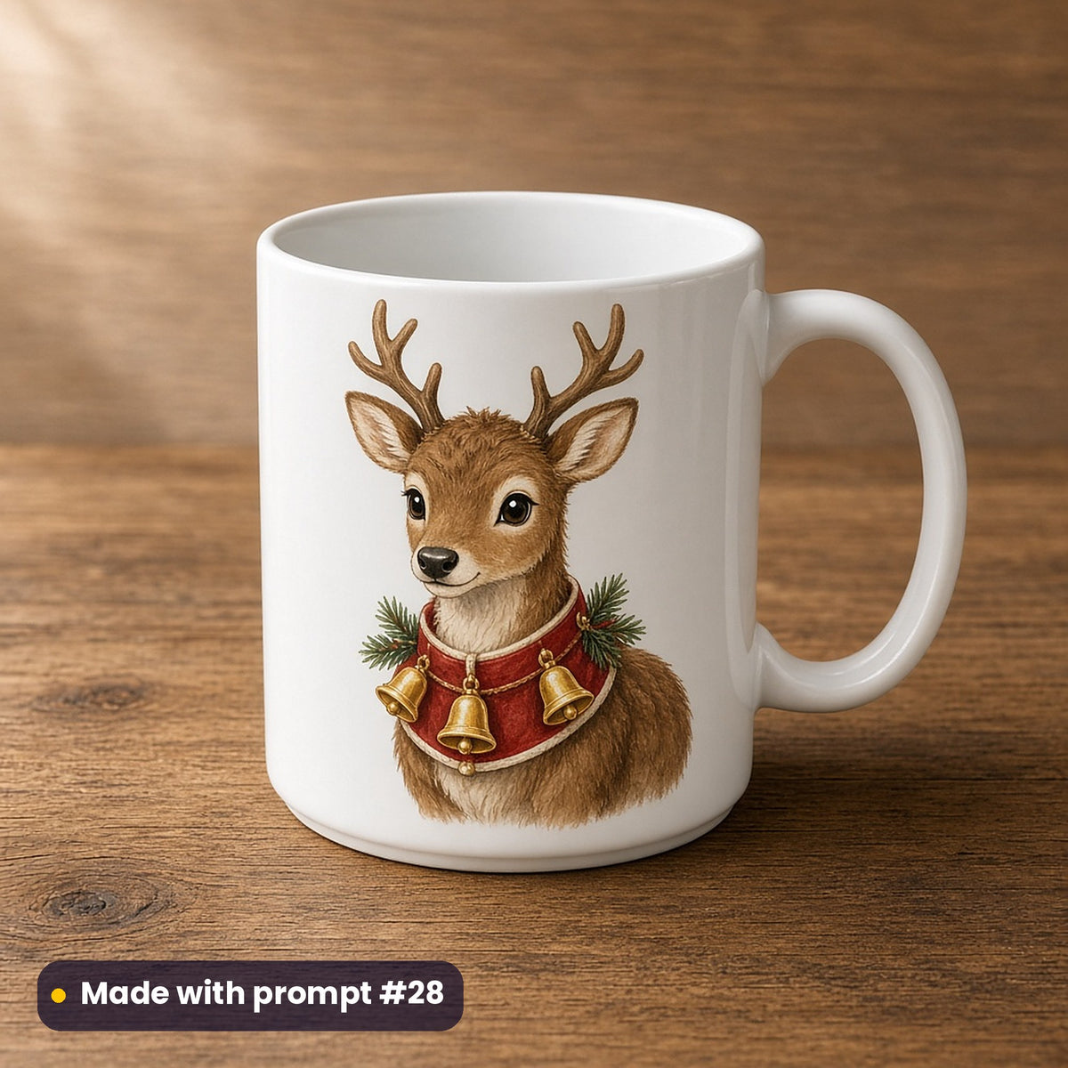 Reindeer Friends artwork on a UV-printed ceramic mug: reindeer with bells, made with prompt #28 from this pack